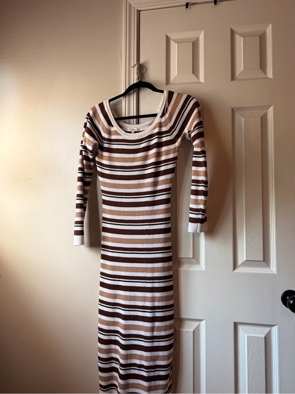 Striped Long Sleeve Knit Dress in Brown and White